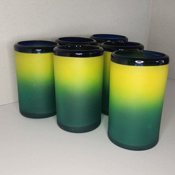 SET 6 HAND BLOWN MEXICAN GLASS TUMBLERS FROSTED YELLOW GREEN BLUE RIM - Picture 5 of 9
